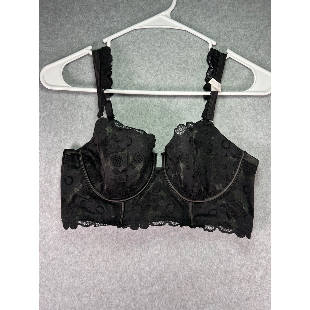 NWT Aerie Real Good Unlined Underwire Bustier Bra 36C Black Floral Lace Longline